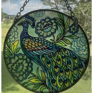 Amia Hand Painted Peacock Glass Sunbather Round 4.5" Colorful Decor